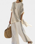 Greysen | Elegant Ivory Linen Blouse & Black Striped Pants