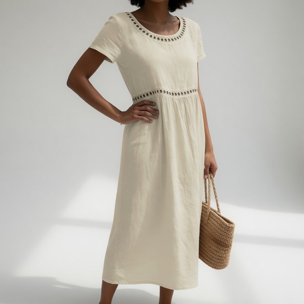 Pernelle™ — Midi Dress 100% Cotton Embroidered Soft Femininity