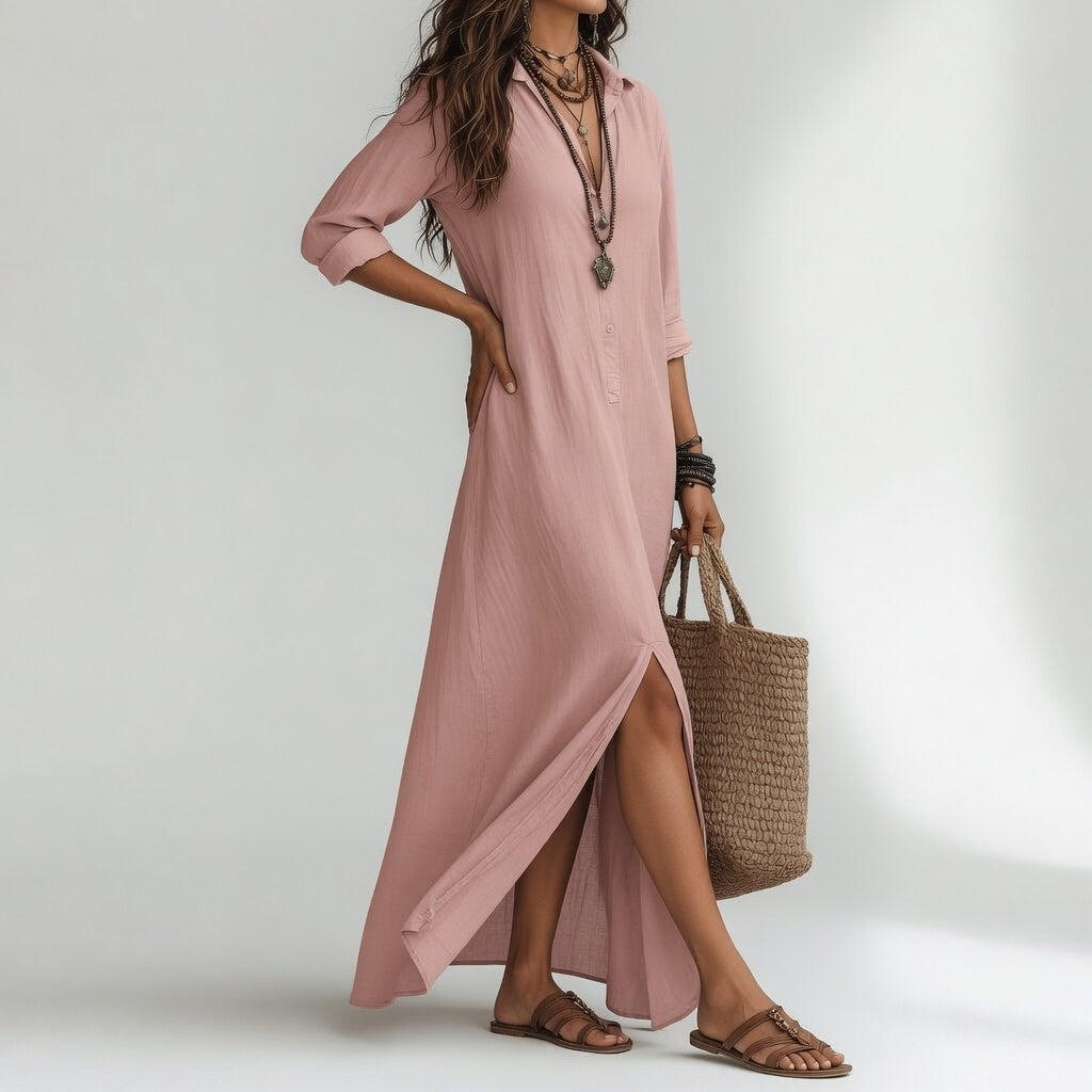 Violaine™ — Long boho shirt dress with natural elegance