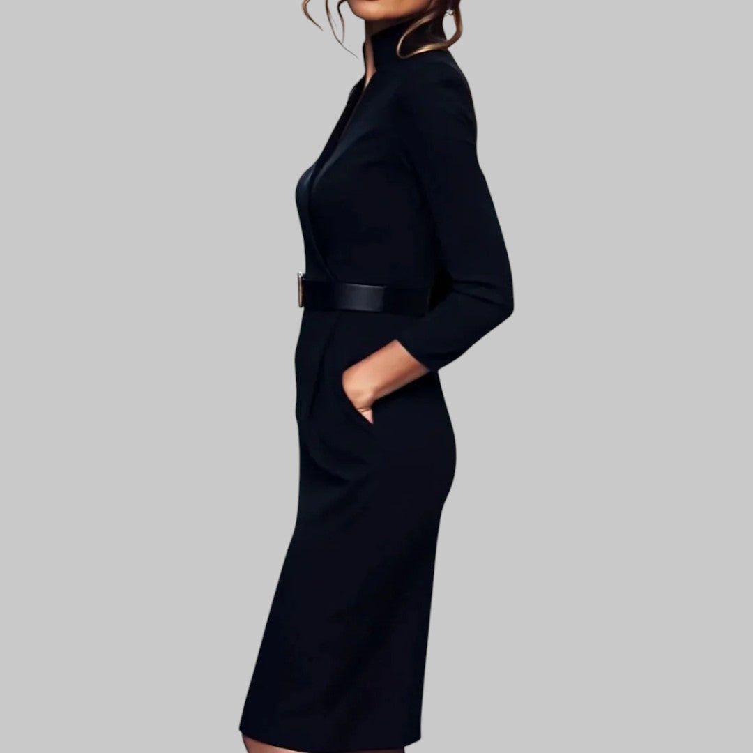 Amber  | Women’s Long Sleeve Belted Sheath Midi Dress