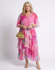 Calista | Sheer Layered V Neck Tie Waist Maxi Dress