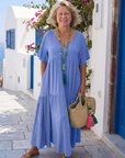 Zinnia | Short Sleeve Tiered Blue Maxi Dress