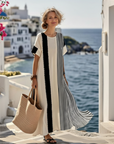 Elara | Round Neck Short Sleeve Striped Maxi Dress