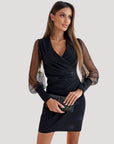 Jenny | Women’s Mini Wrap Dress Sheer Sleeve V Neck