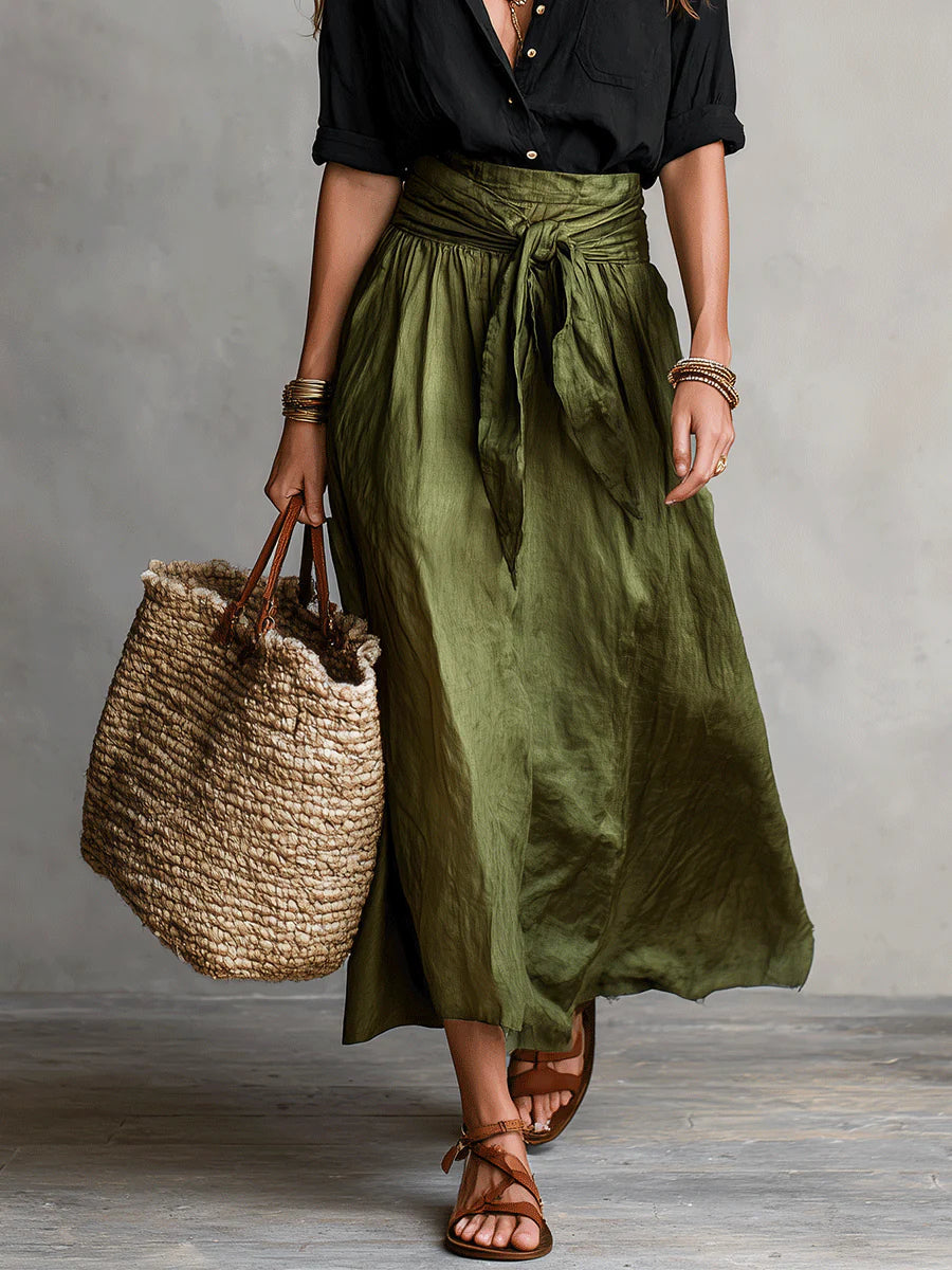 Makenzie | Two-Piece Set: Black Top and Olive Green Midi Skirt