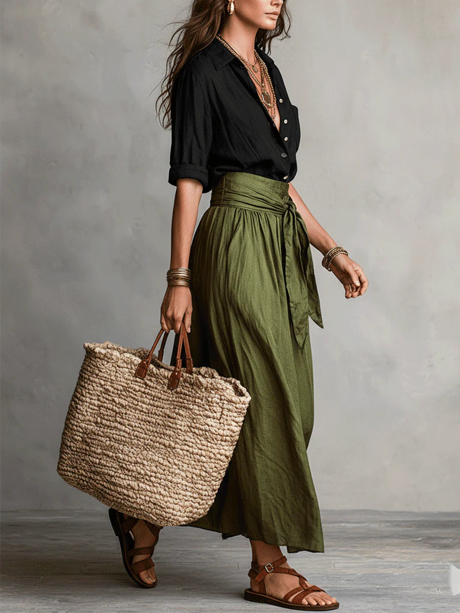 Makenzie | Two-Piece Set: Black Top and Olive Green Midi Skirt