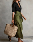 Makenzie | Two-Piece Set: Black Top and Olive Green Midi Skirt
