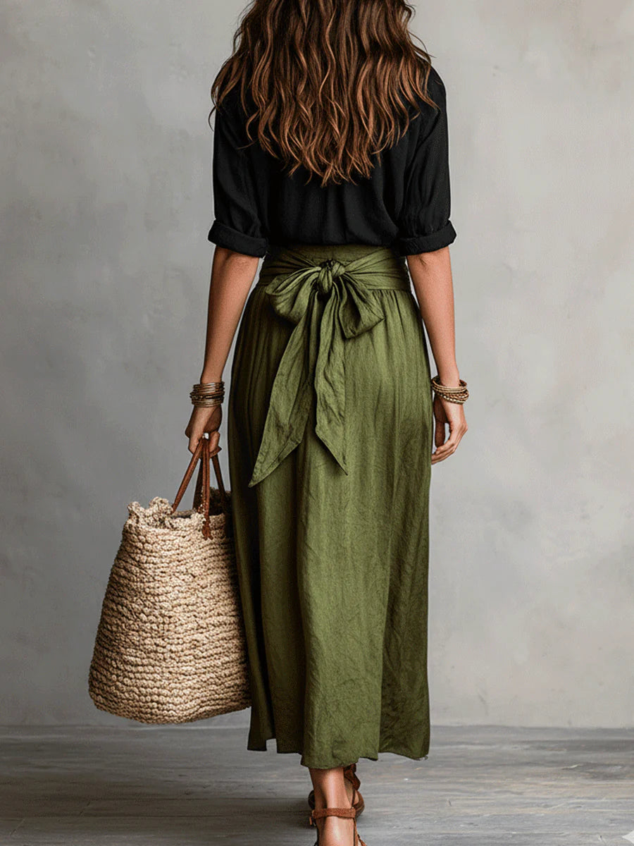 Makenzie | Two-Piece Set: Black Top and Olive Green Midi Skirt