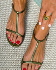 Metallic Flat Sandals with T-Straps