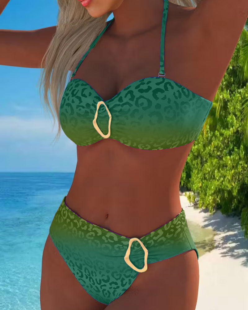 Halter Neck Swimsuit with Leopard Print and Gradient