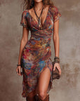 Indira ™ | Desert Sunset Boho Ruched Midi Dress