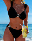 Vertical Pattern Bikini with Metal Buckle Split