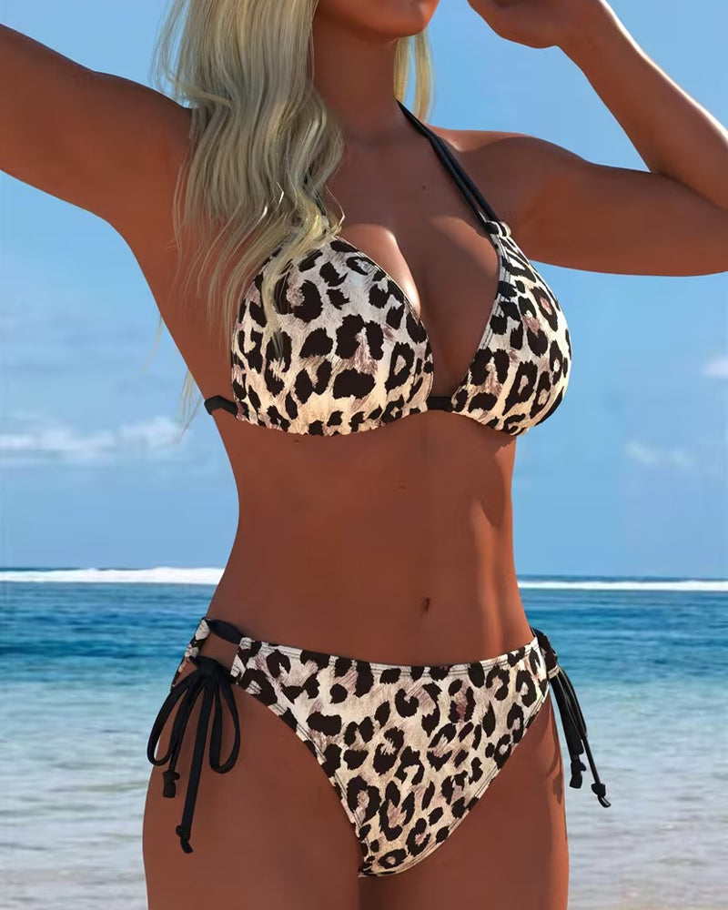 Bikini with Leopard Print Halter Neck and Straps