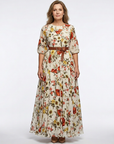 Odelia | Round Neck Three Quarter Sleeve Belted Maxi Dress