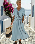 Linnea | V Neck Short Sleeve Gathered Waist Midi Dress