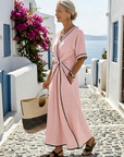 Linnea | V Neck Short Sleeve Gathered Waist Midi Dress