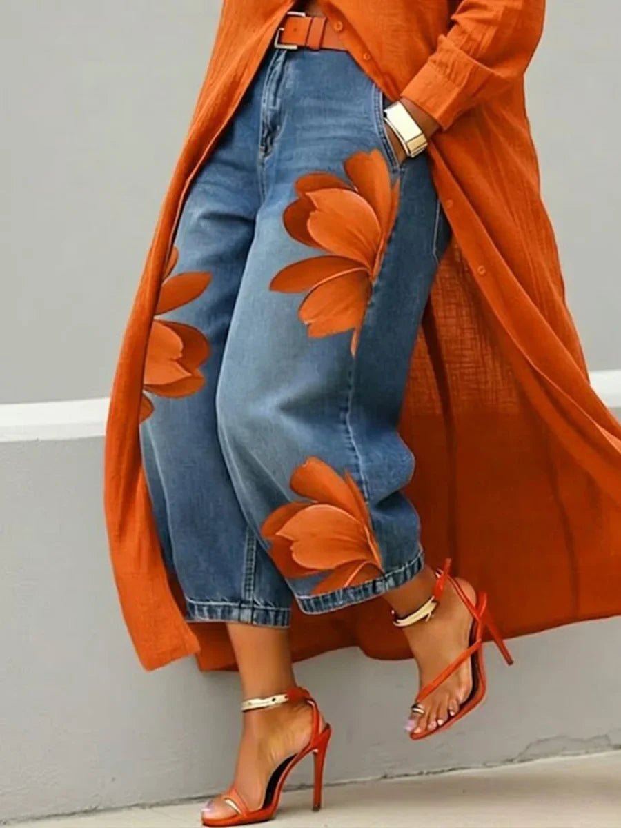 Adelaide - Linen Shirt Dress and Floral Jeans Set