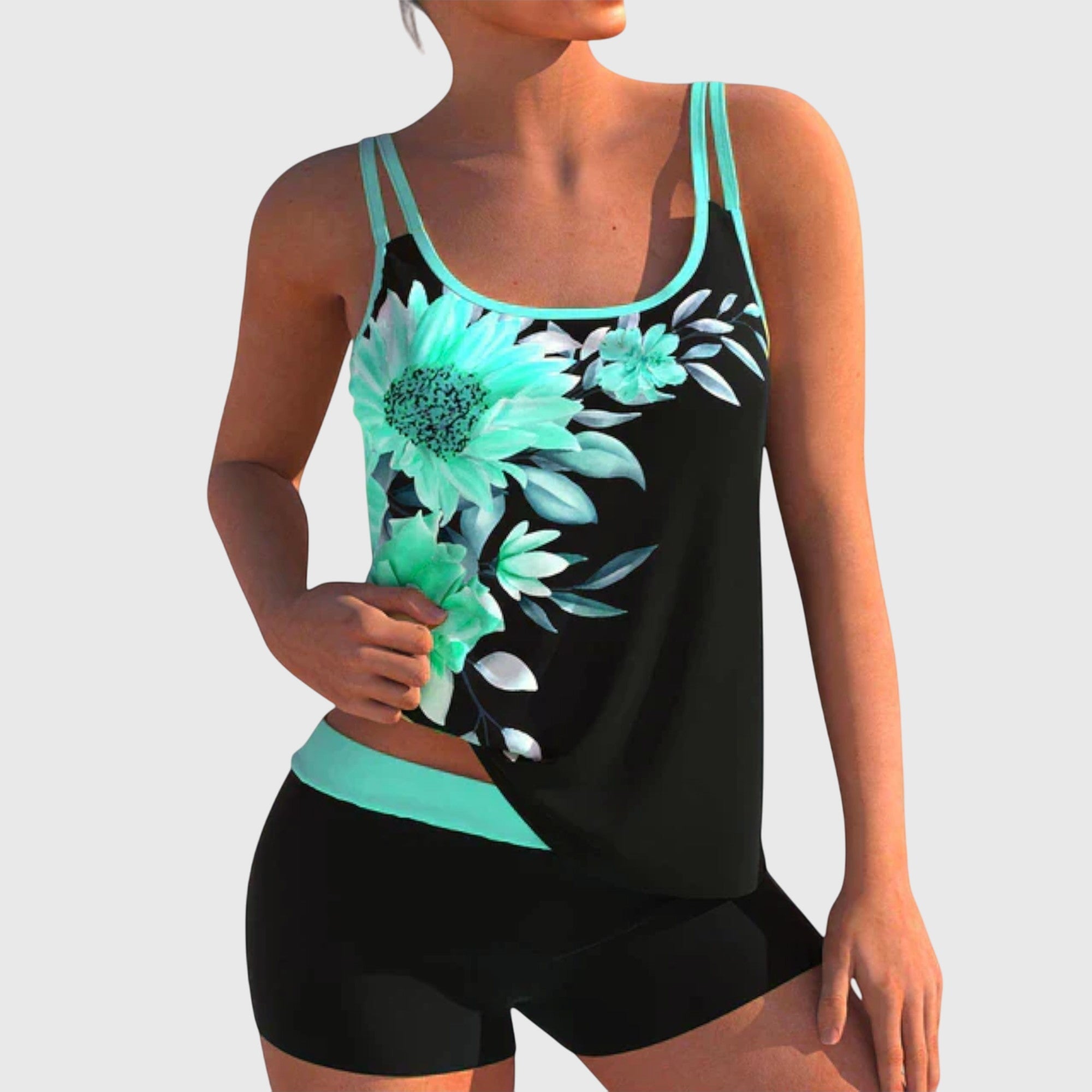 Flor – Floral tankini with shorts, creates a flat stomach effect