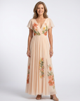 Calista | V Neck Short Sleeve Pleated Floral Maxi Dress