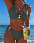Vertical Pattern Bikini with Metal Buckle Split