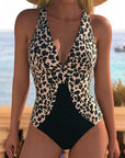 One-Piece Swimsuit with Leopard Print Patchwork V-Neck