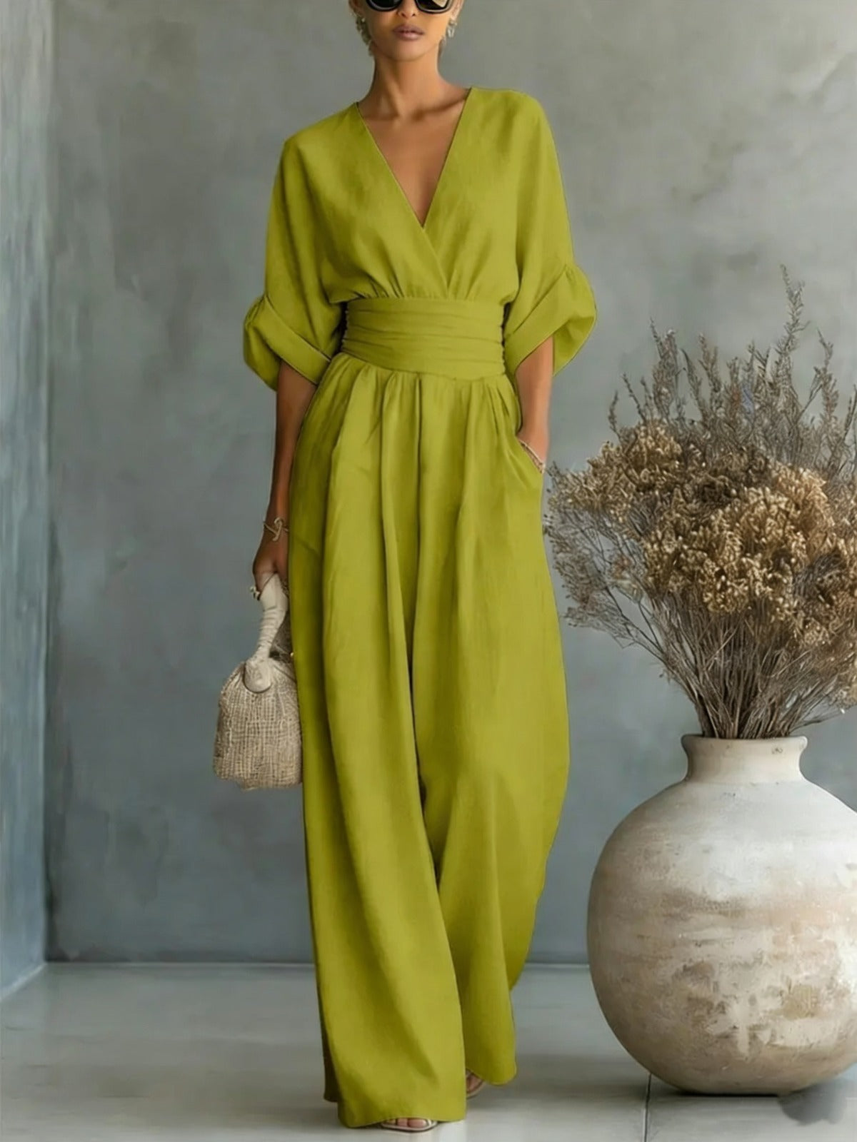 Katherine | Elegant Wide-Leg Jumpsuit with Deep V-Neck