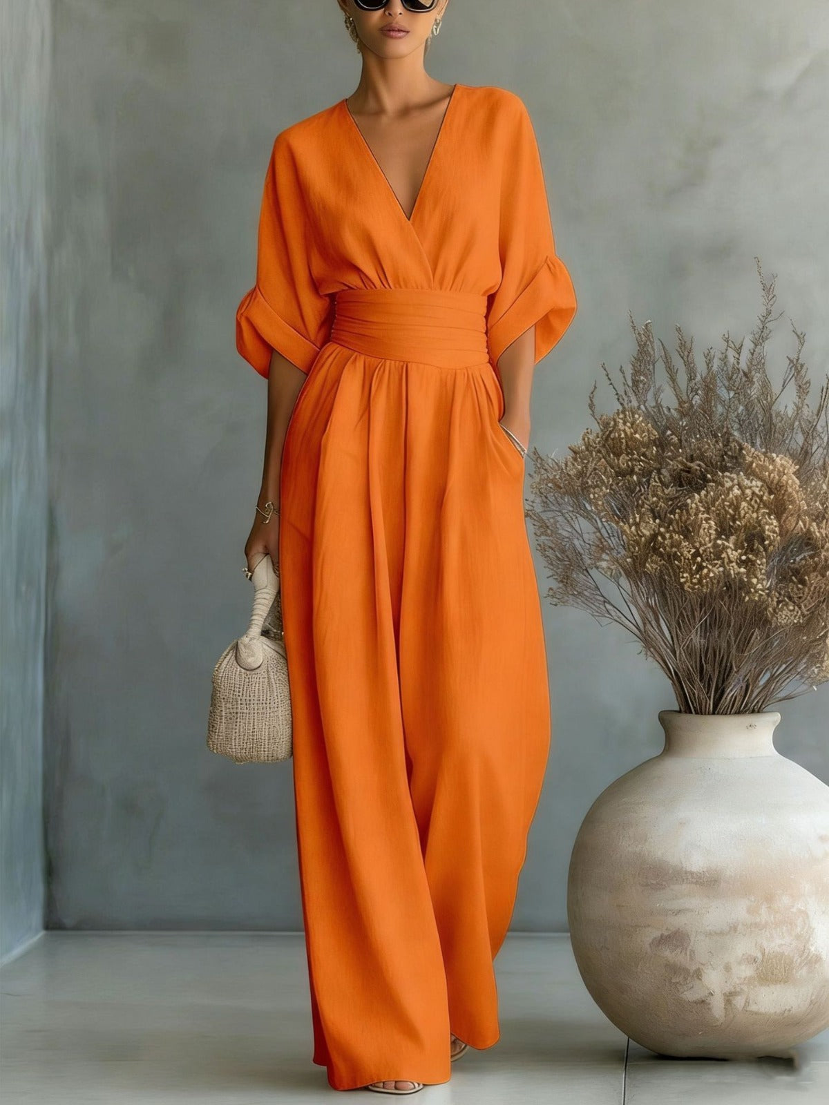 Katherine | Elegant Wide-Leg Jumpsuit with Deep V-Neck