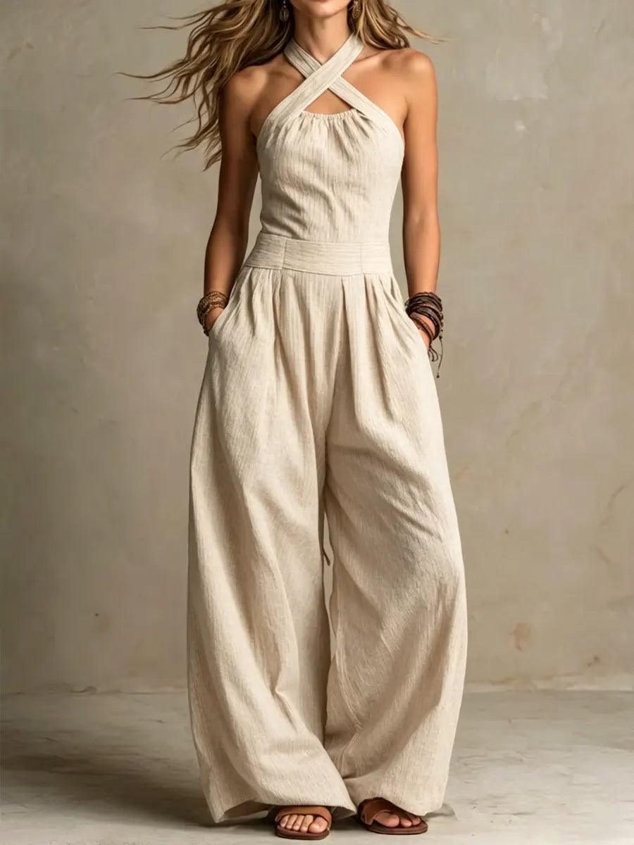 Jolene - Linen and Cotton Jumpsuit with Elegant Cross Neckline