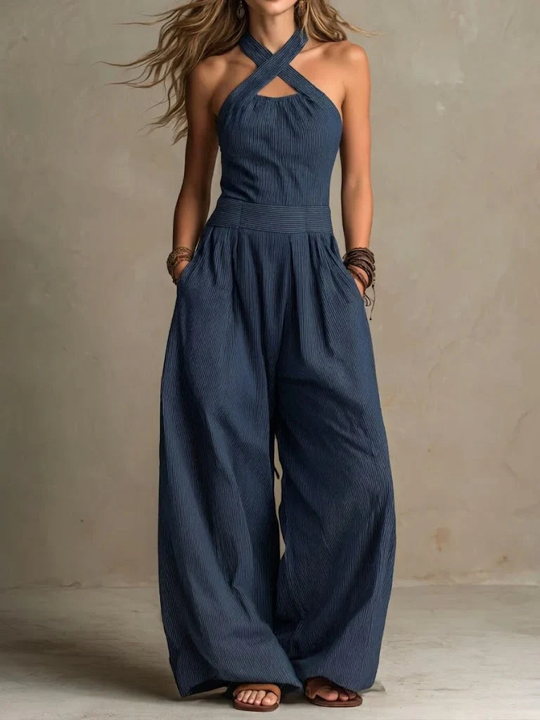 Jolene - Linen and Cotton Jumpsuit with Elegant Cross Neckline